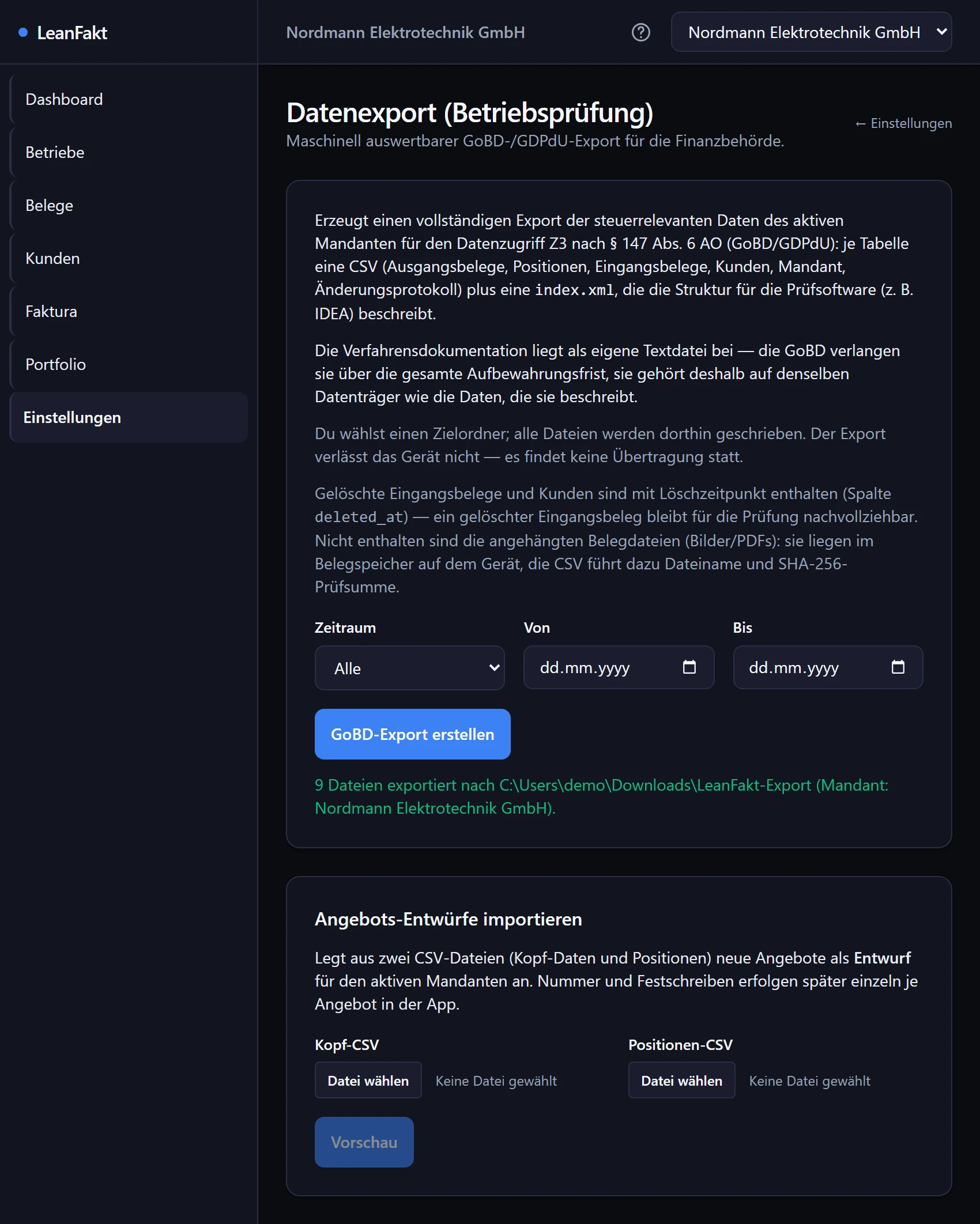 LeanShift Fakt am Rechner. Einstellungsseite Datenexport Betriebsprüfung mit Zeitraumwahl und dem Knopf für den GoBD-Export, darunter die Erfolgsmeldung mit der Zahl exportierter Dateien.
