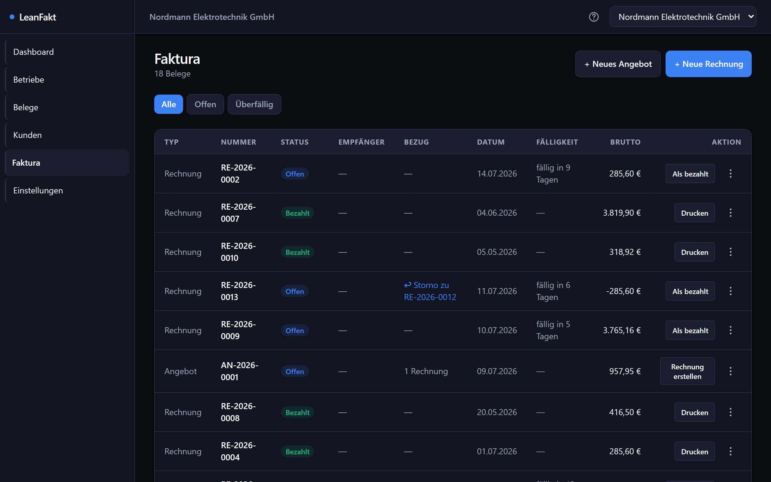 LeanShift Fakt: Faktura-Belegliste mit Rechnungen, Angeboten, Beträgen und Status am Rechner