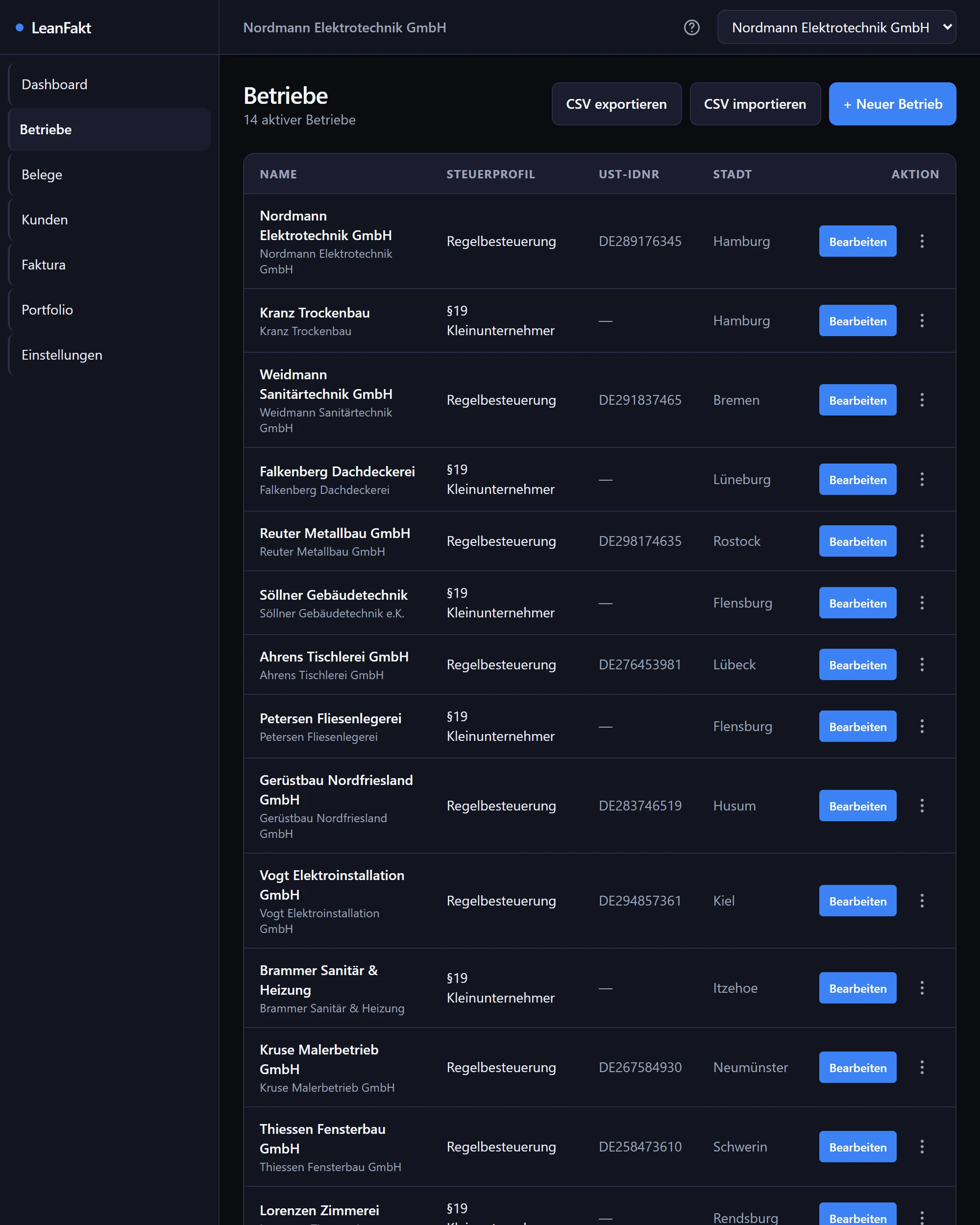 LeanShift Fakt auf dem Smartphone. Geöffnete Betriebs-Auswahl in der Kopfzeile mit mehreren Gesellschaften, dahinter das Dashboard des aktiven Betriebs.