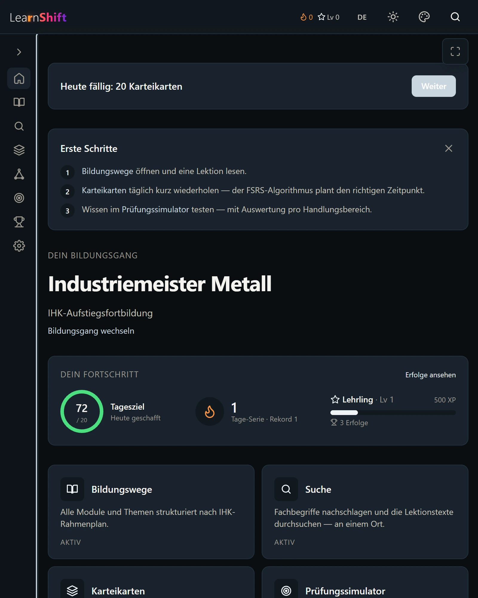 LearnShift Ansicht Kostenlos hineinschauen auf dem Tablet. Liste der Bildungswege mit ihrer jeweils freien ersten Lektion samt Kartenzahl.