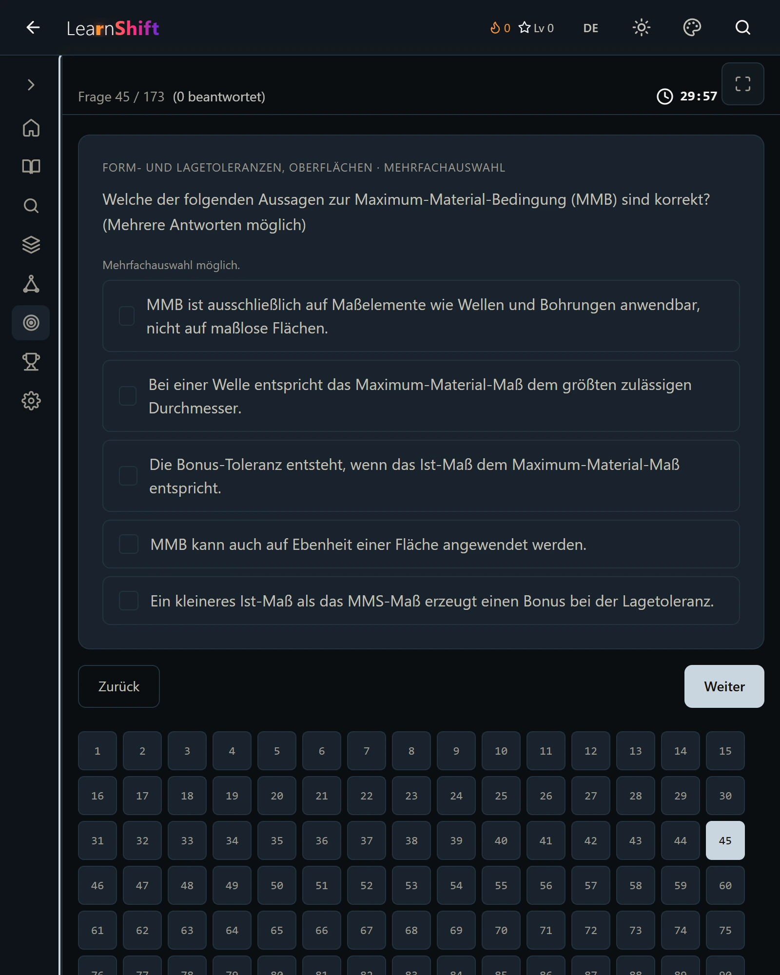 LearnShift Prüfungssimulation auf dem Smartphone. Frage 13 von 30 mit Restzeit, vier Antwortmöglichkeiten und ein Raster mit allen Fragennummern zum Springen.