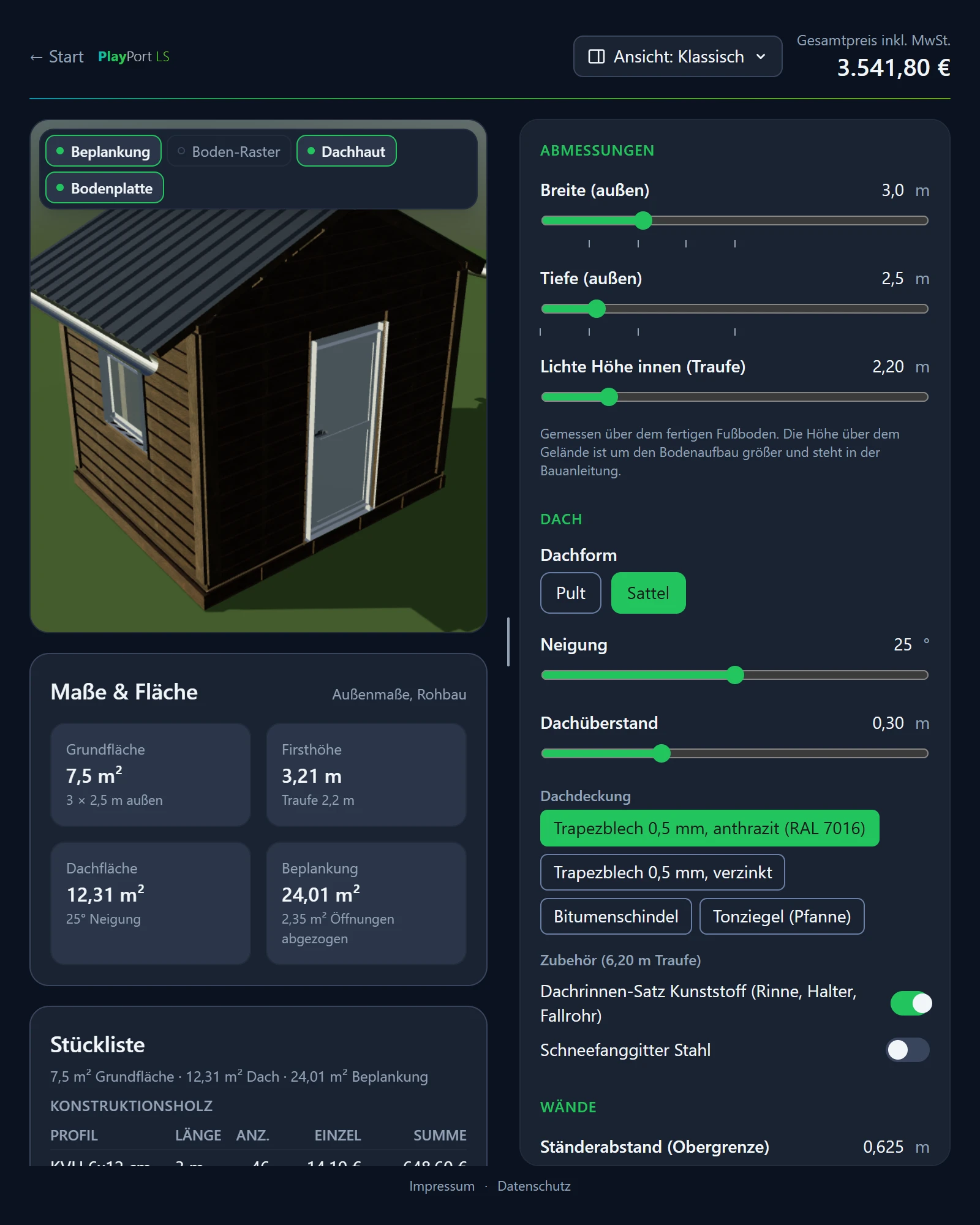 LeanShift Ports. Gartenhaus mit Satteldach in Echtzeit-3D über seiner Stückliste, daneben die Regler für Abmessungen, Dachform, Dachdeckung und Wände, oben der Gesamtpreis.