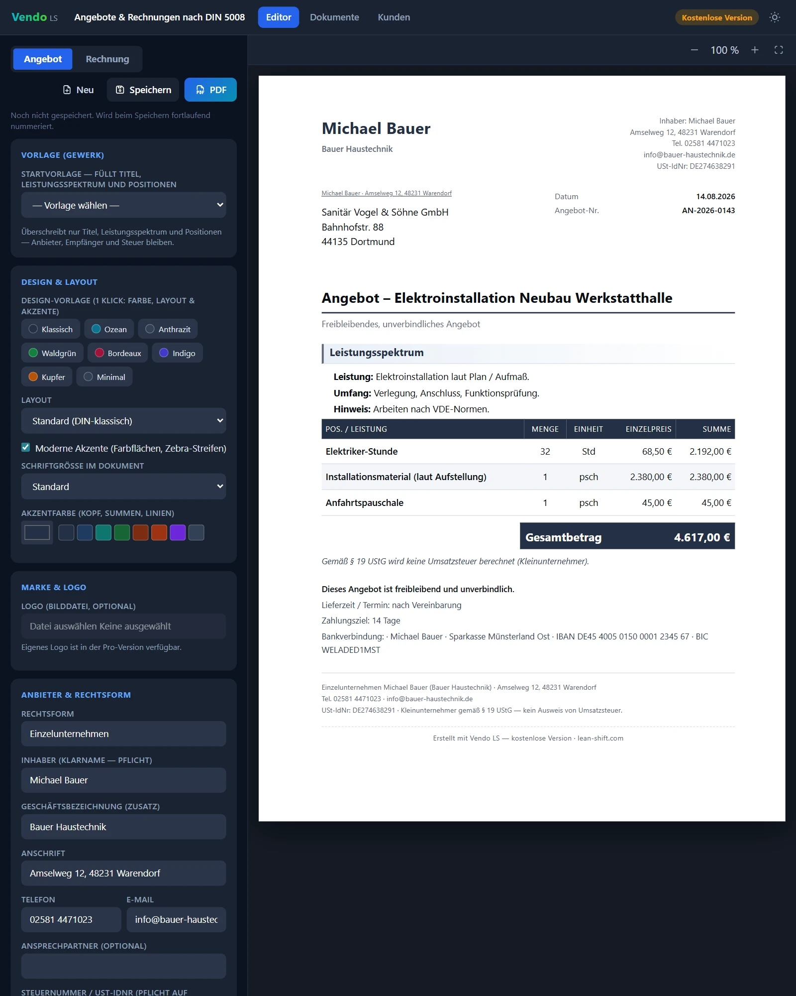 LeanShift Vendo. Fertiges Angebot in der A4-Vorschau mit Anschriftfeld, Positionstabelle, Summen und Fußzeile.