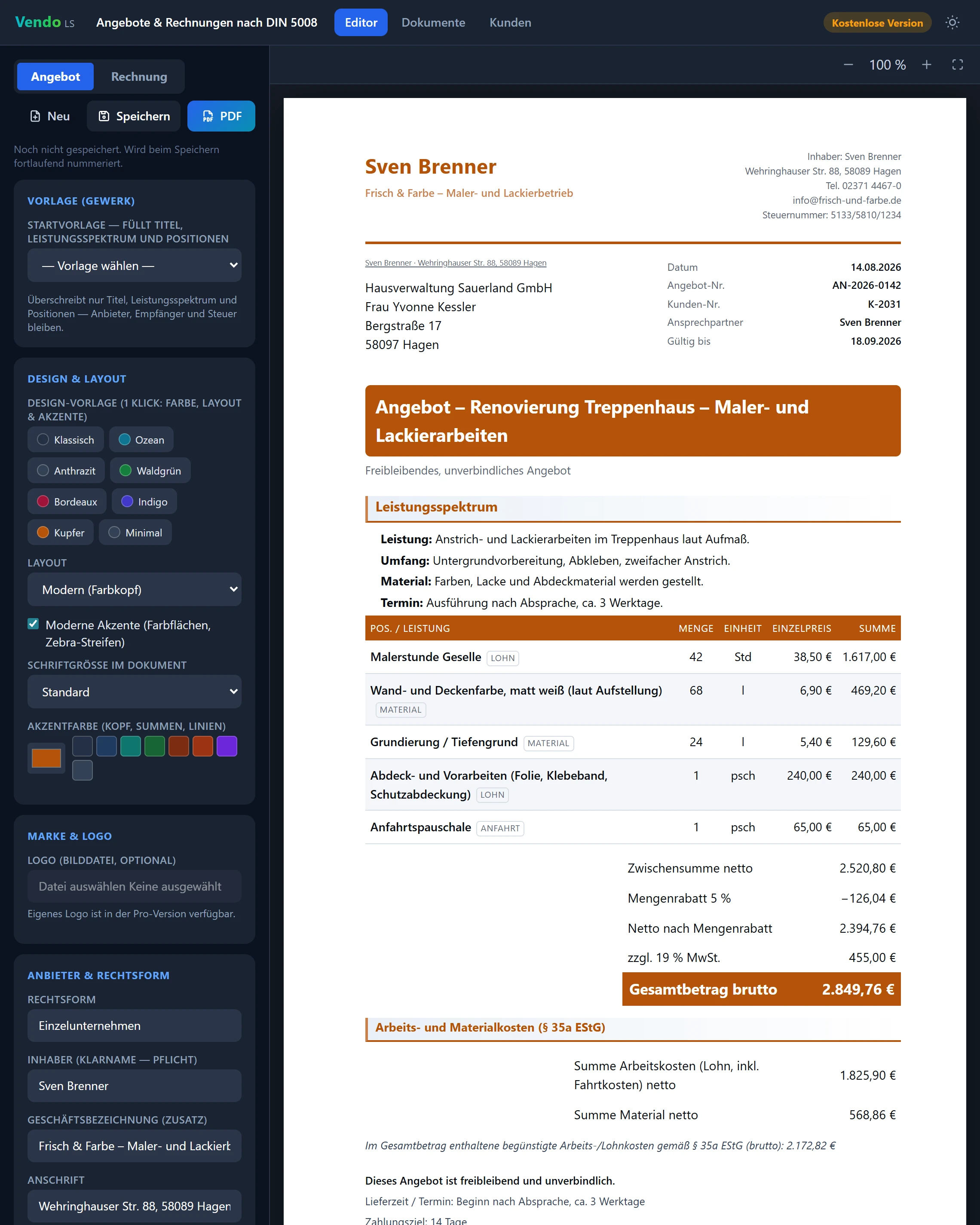 LeanShift Vendo am Rechner. Links die Eingaben mit Vorlagen- und Layoutwahl, rechts die A4-Vorschau des Angebots.