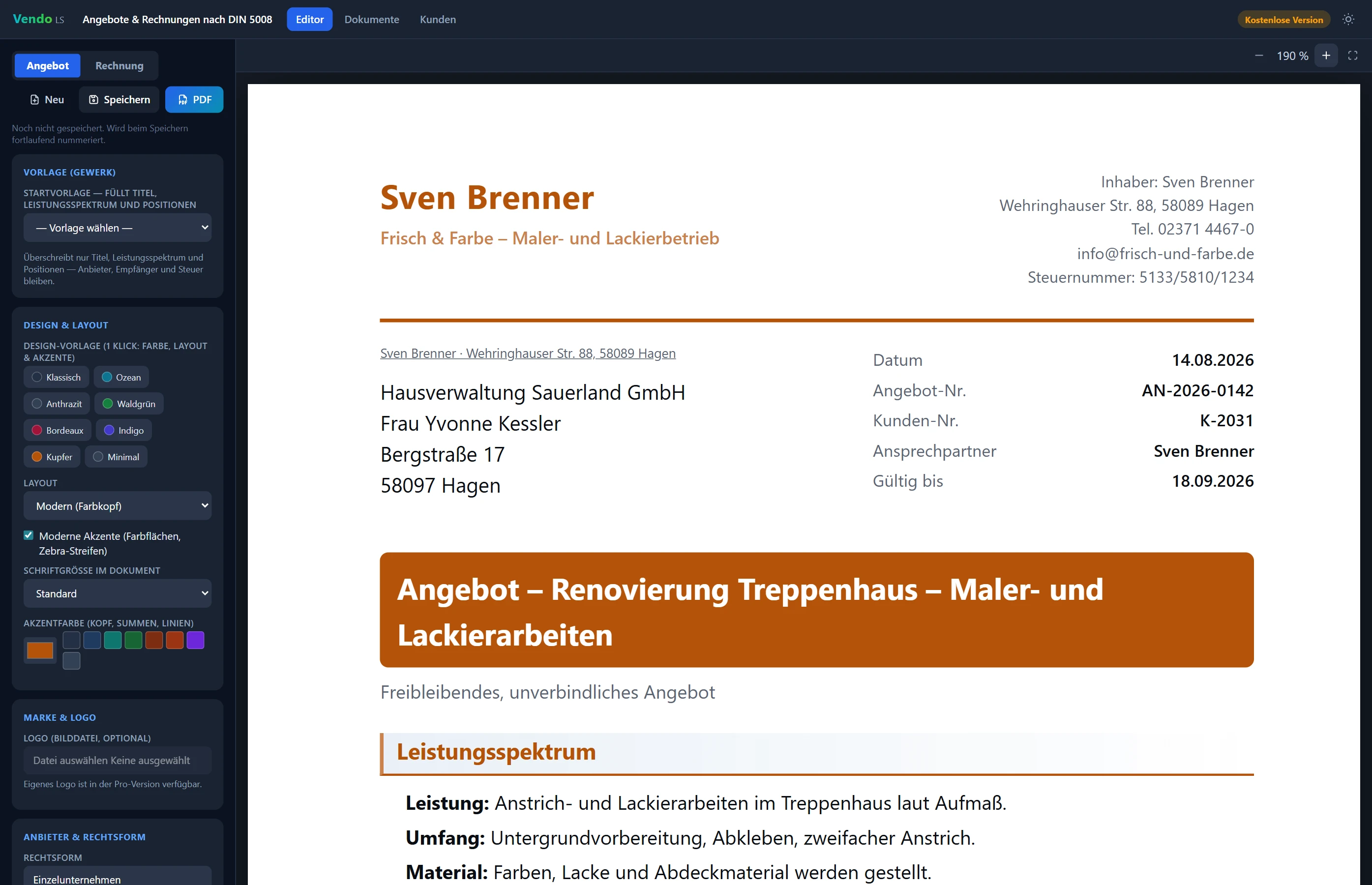 LeanShift Vendo: Editor mit Live-A4-Vorschau am Rechner
