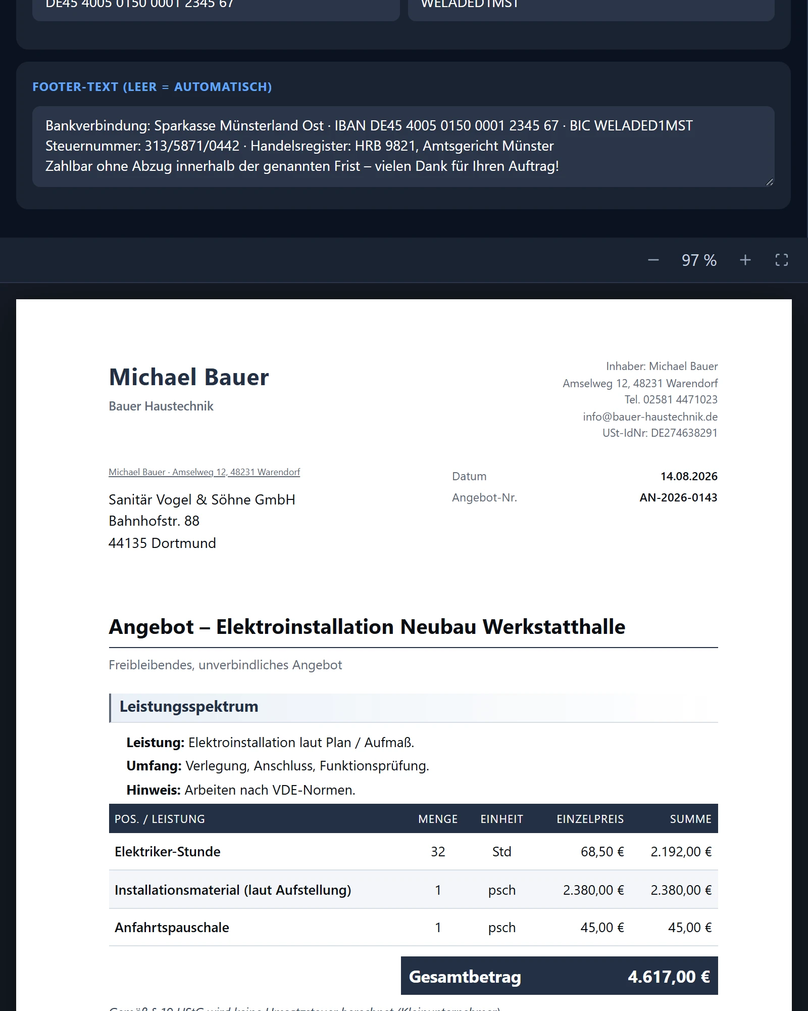LeanShift Vendo. Fuß eines Angebots mit Summen, Hinweis nach Paragraf 35a EStG, Zahlungsziel, Bankverbindung und dem Hinweis der kostenlosen Fassung in der Fußzeile.
