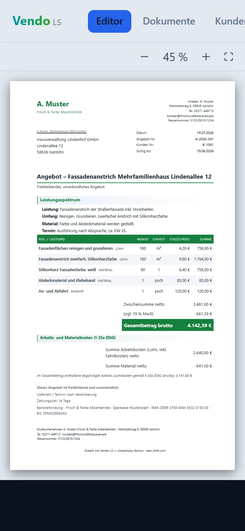 LeanShift Vendo: fertiges Angebot in der A4-Vorschau auf dem Smartphone