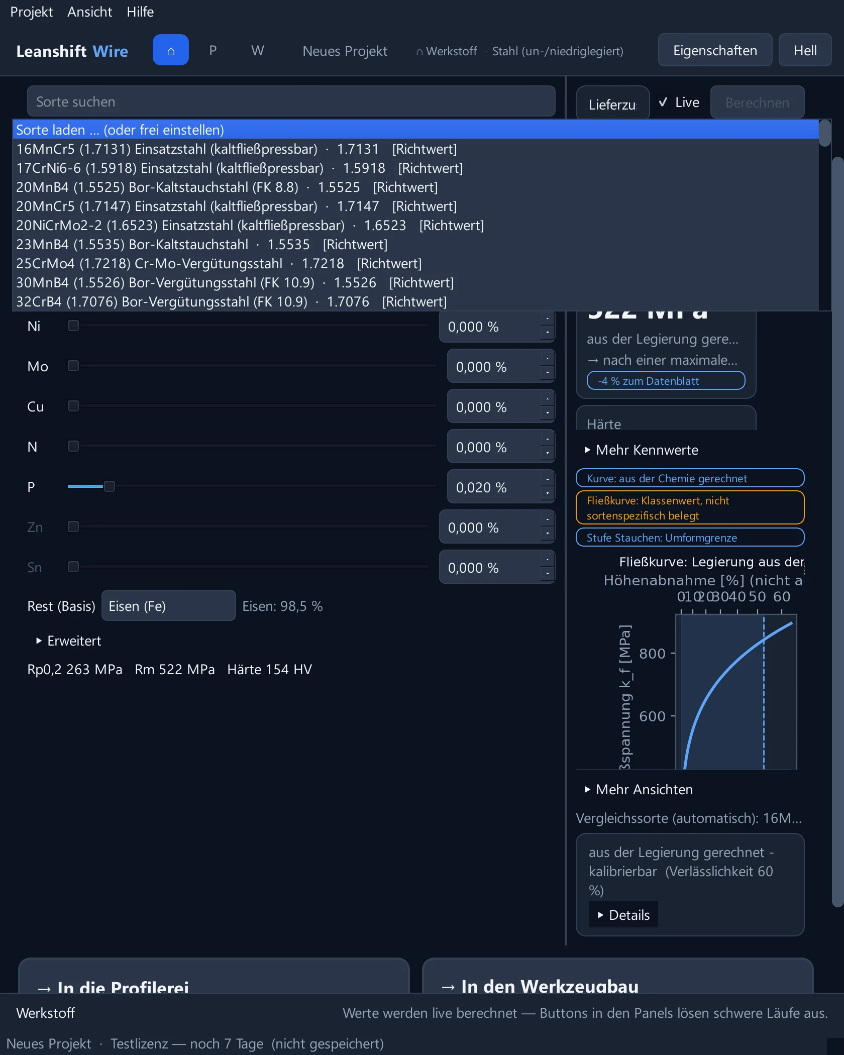 LeanShift Metals am Rechner. Legierungseditor mit Reglern für die einzelnen Elemente in Prozent, daneben Lieferzustand und Werkstoffnummer.