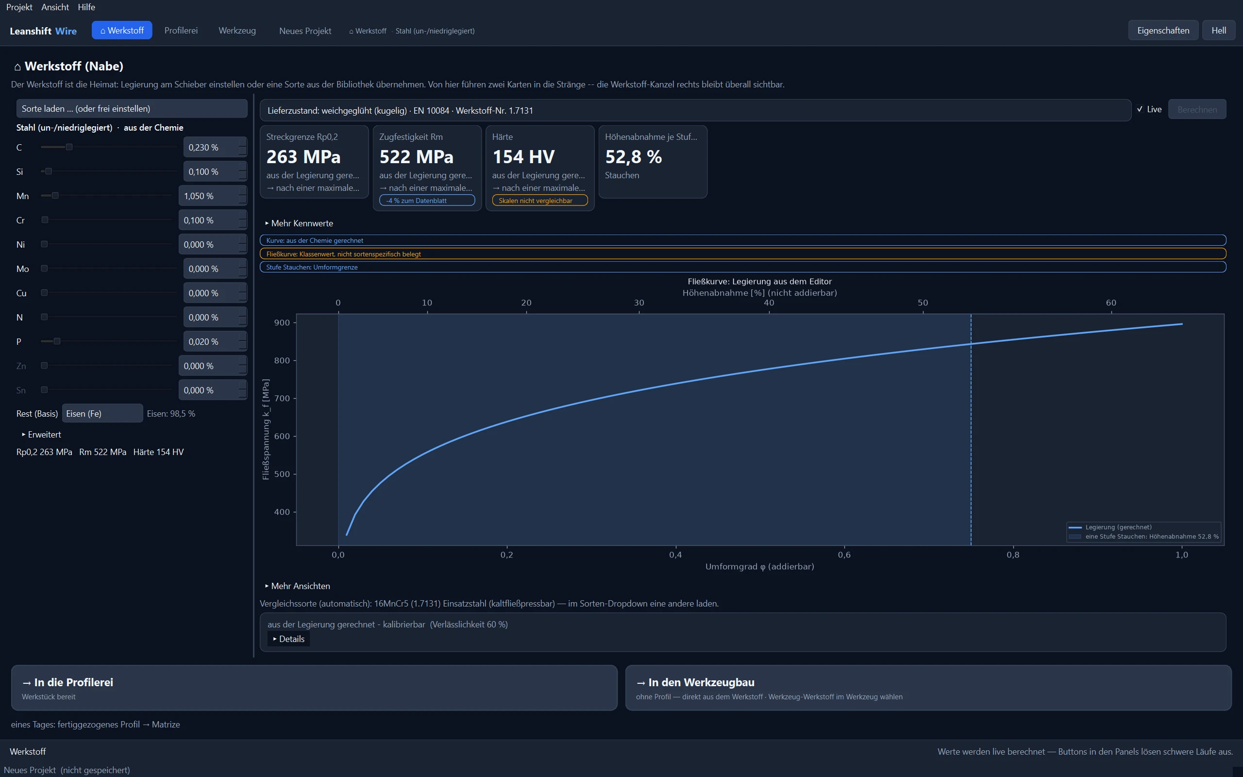 LeanShift Metals: Werkstoff-Ansicht mit Kennwerten und Fließkurve